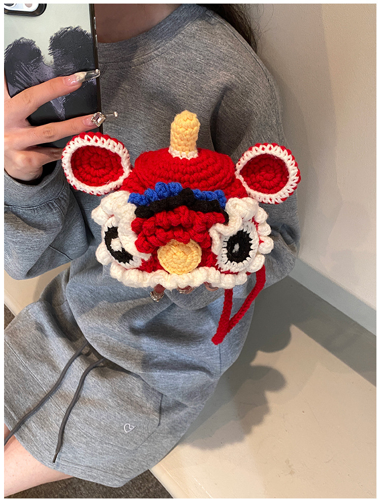 Red Crossbody Bag for Kids, Cute Knitted Yarn Bag, Tiger Head Lion Dance Bag