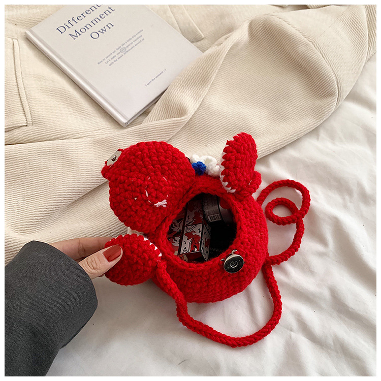 Red Crossbody Bag for Kids, Cute Knitted Yarn Bag, Tiger Head Lion Dance Bag