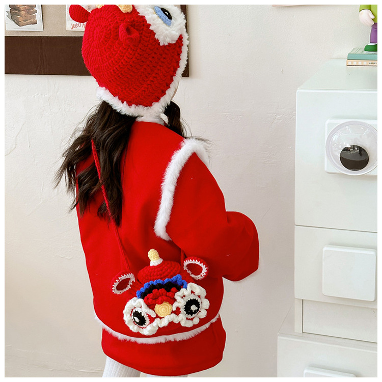 Red Crossbody Bag for Kids, Cute Knitted Yarn Bag, Tiger Head Lion Dance Bag