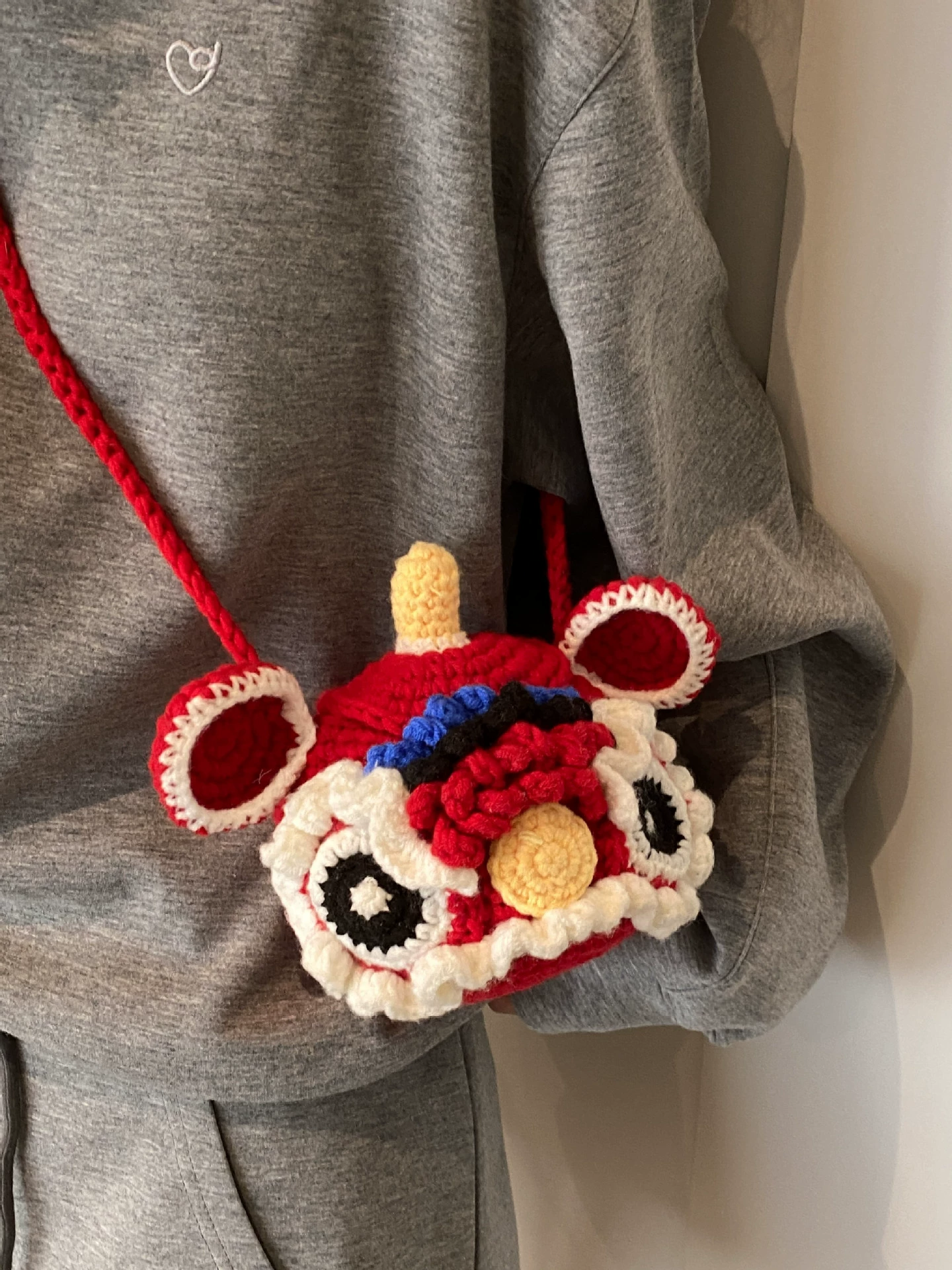 Red Crossbody Bag for Kids, Cute Knitted Yarn Bag, Tiger Head Lion Dance Bag