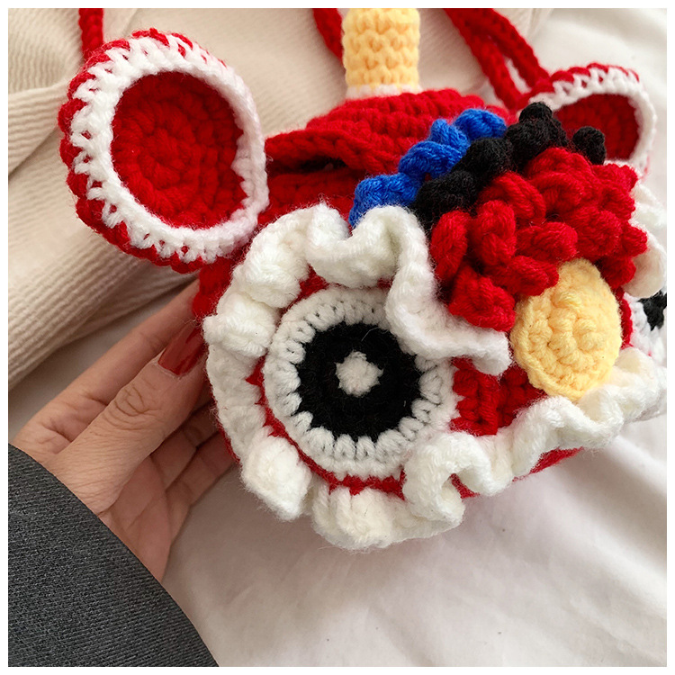 Red Crossbody Bag for Kids, Cute Knitted Yarn Bag, Tiger Head Lion Dance Bag