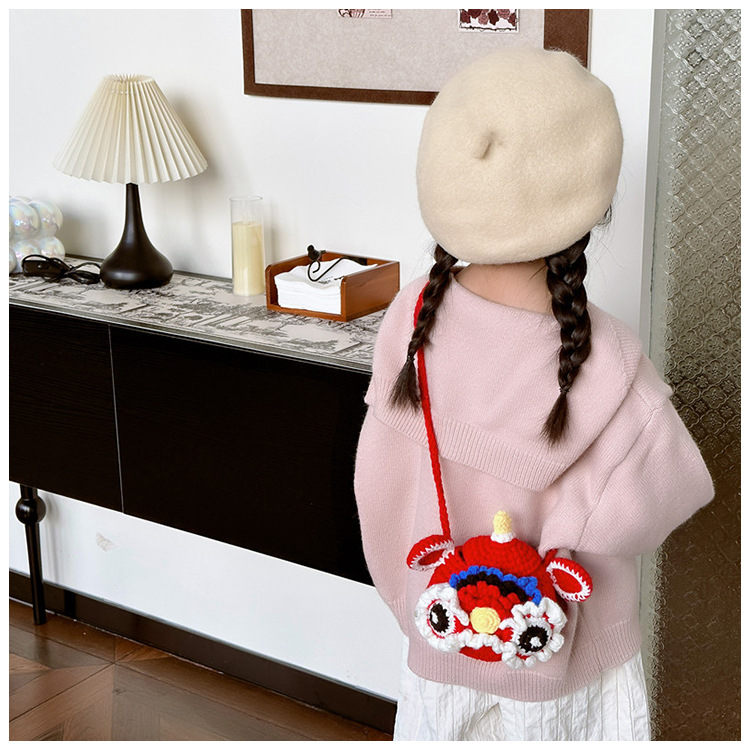 Red Crossbody Bag for Kids, Cute Knitted Yarn Bag, Tiger Head Lion Dance Bag