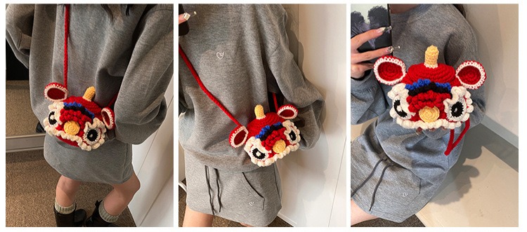 Red Crossbody Bag for Kids, Cute Knitted Yarn Bag, Tiger Head Lion Dance Bag