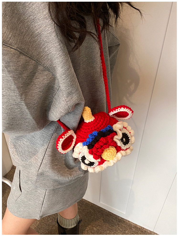 Red Crossbody Bag for Kids, Cute Knitted Yarn Bag, Tiger Head Lion Dance Bag
