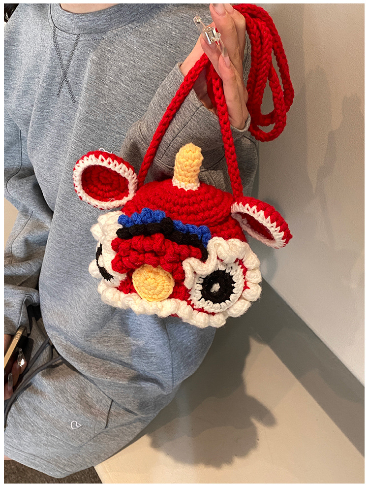 Red Crossbody Bag for Kids, Cute Knitted Yarn Bag, Tiger Head Lion Dance Bag