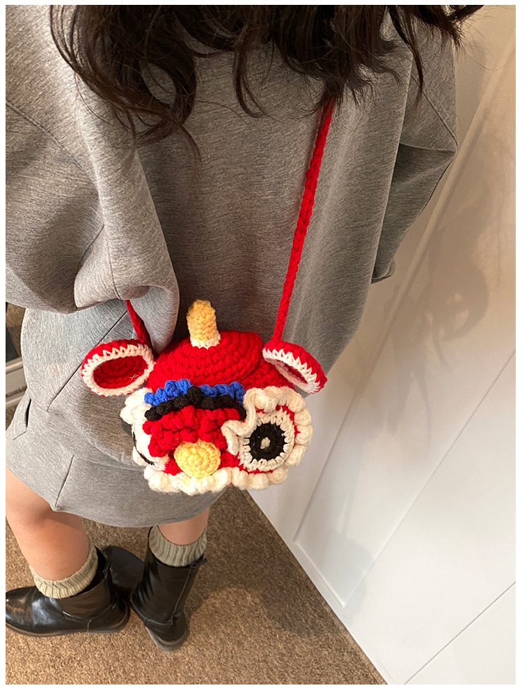 Red Crossbody Bag for Kids, Cute Knitted Yarn Bag, Tiger Head Lion Dance Bag