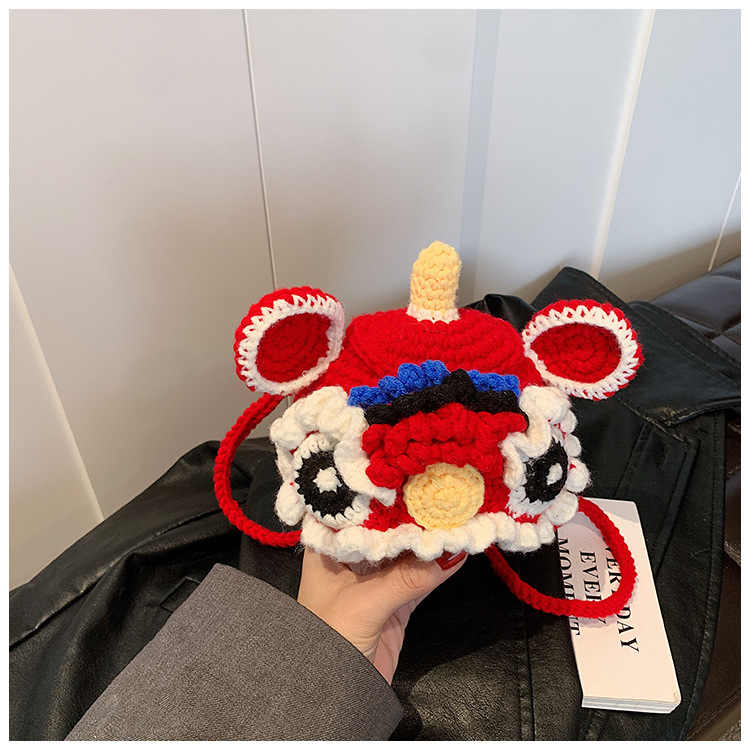 Red Crossbody Bag for Kids, Cute Knitted Yarn Bag, Tiger Head Lion Dance Bag