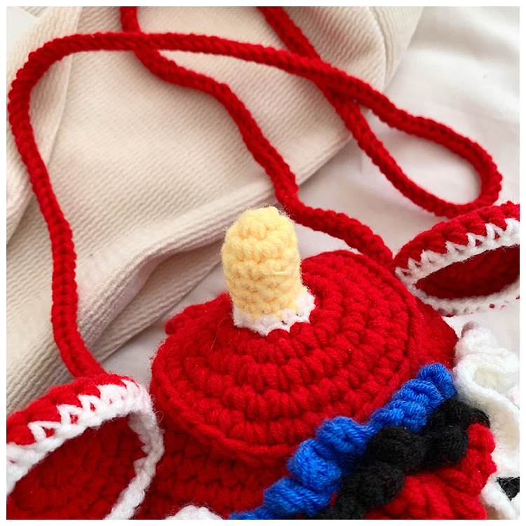 Red Crossbody Bag for Kids, Cute Knitted Yarn Bag, Tiger Head Lion Dance Bag