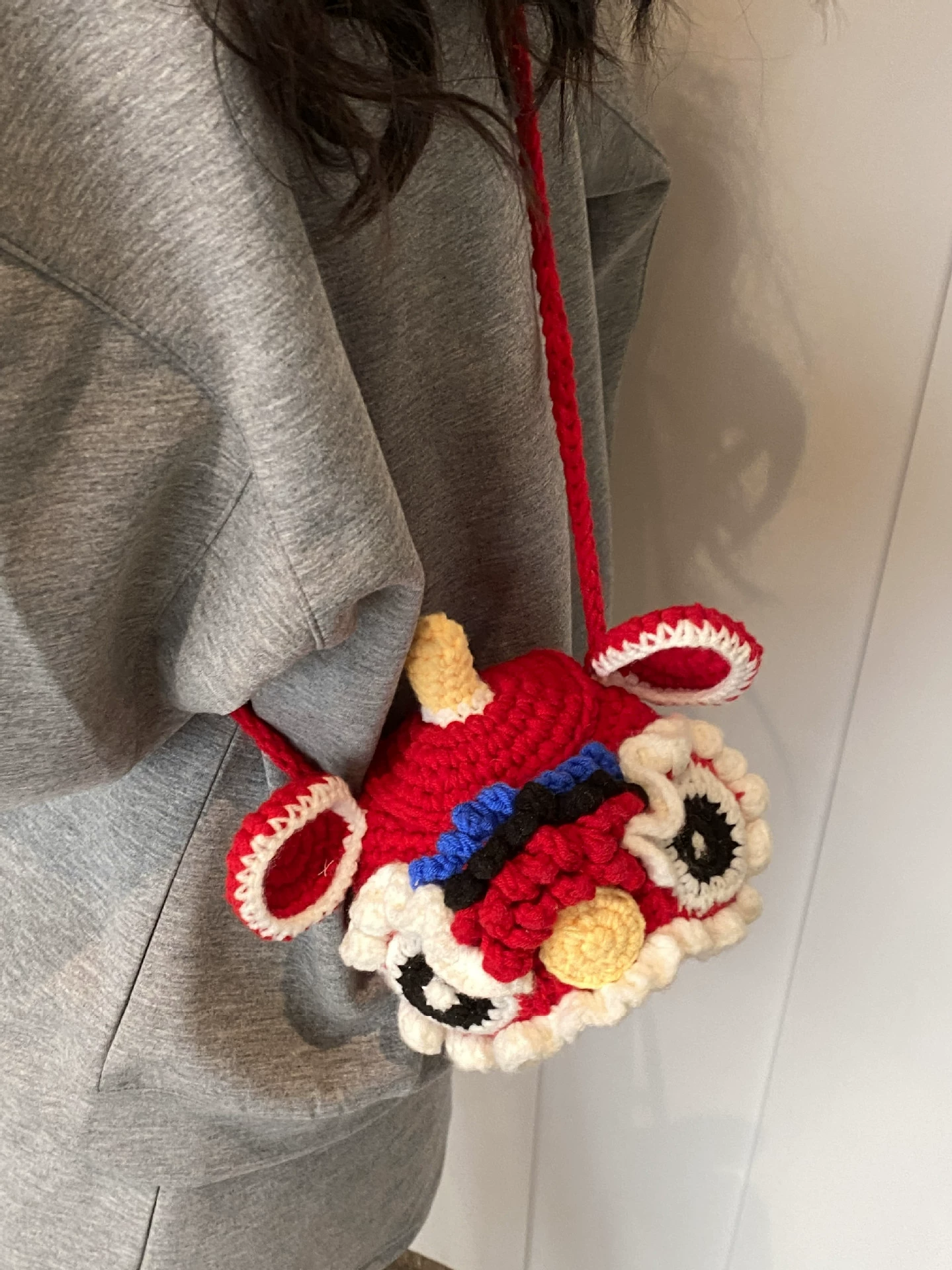 Red Crossbody Bag for Kids, Cute Knitted Yarn Bag, Tiger Head Lion Dance Bag