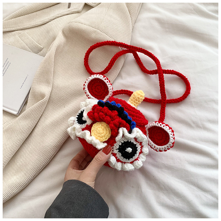 Red Crossbody Bag for Kids, Cute Knitted Yarn Bag, Tiger Head Lion Dance Bag