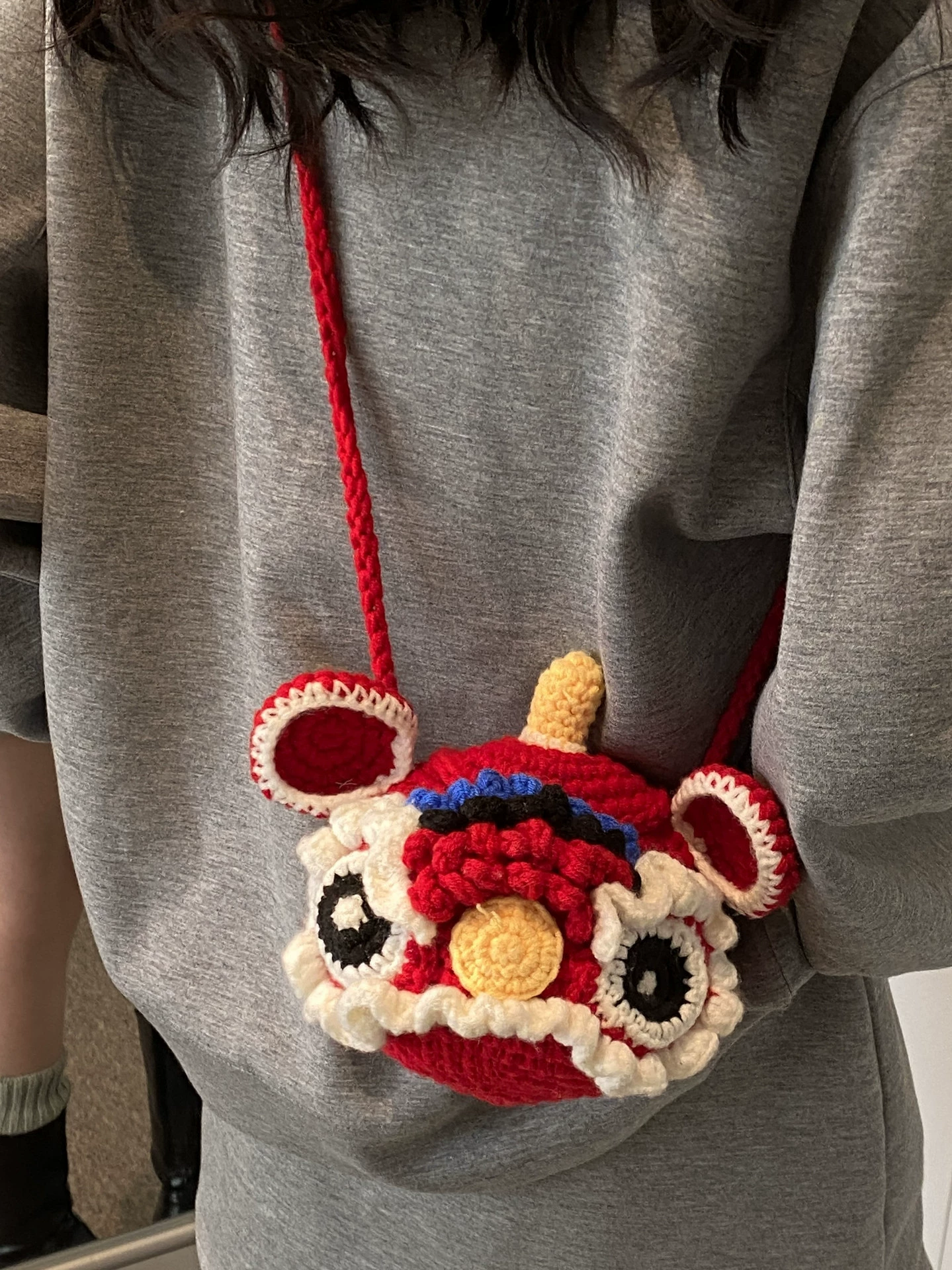 Red Crossbody Bag for Kids, Cute Knitted Yarn Bag, Tiger Head Lion Dance Bag