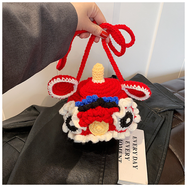 Red Crossbody Bag for Kids, Cute Knitted Yarn Bag, Tiger Head Lion Dance Bag