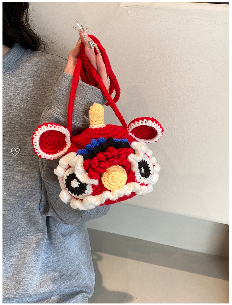Red Crossbody Bag for Kids, Cute Knitted Yarn Bag, Tiger Head Lion Dance Bag