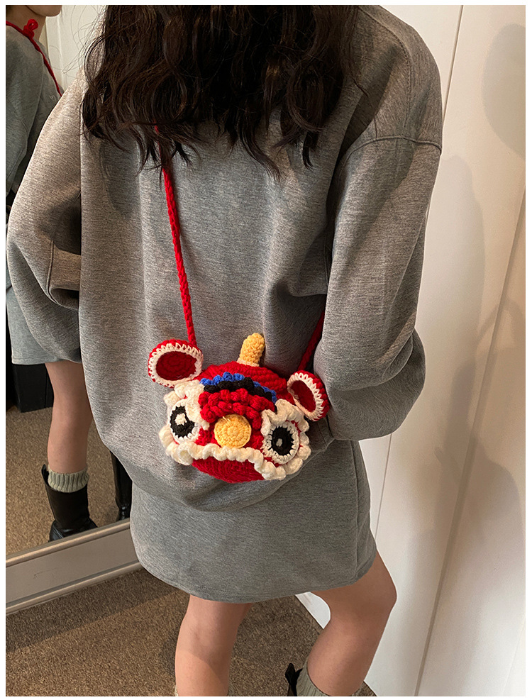 Red Crossbody Bag for Kids, Cute Knitted Yarn Bag, Tiger Head Lion Dance Bag