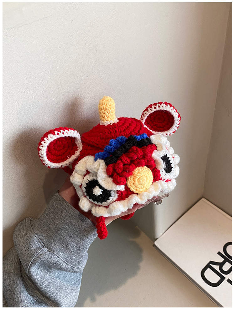 Red Crossbody Bag for Kids, Cute Knitted Yarn Bag, Tiger Head Lion Dance Bag