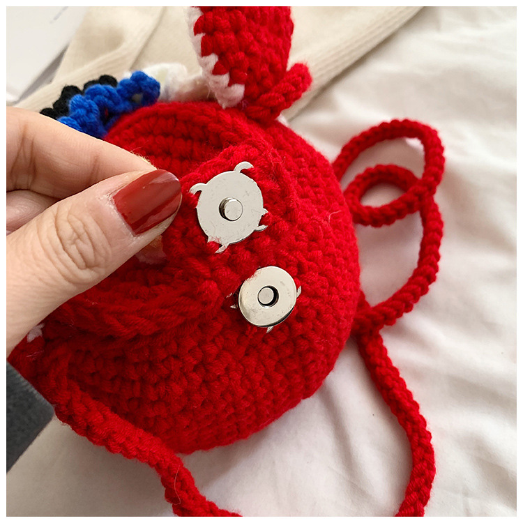 Red Crossbody Bag for Kids, Cute Knitted Yarn Bag, Tiger Head Lion Dance Bag
