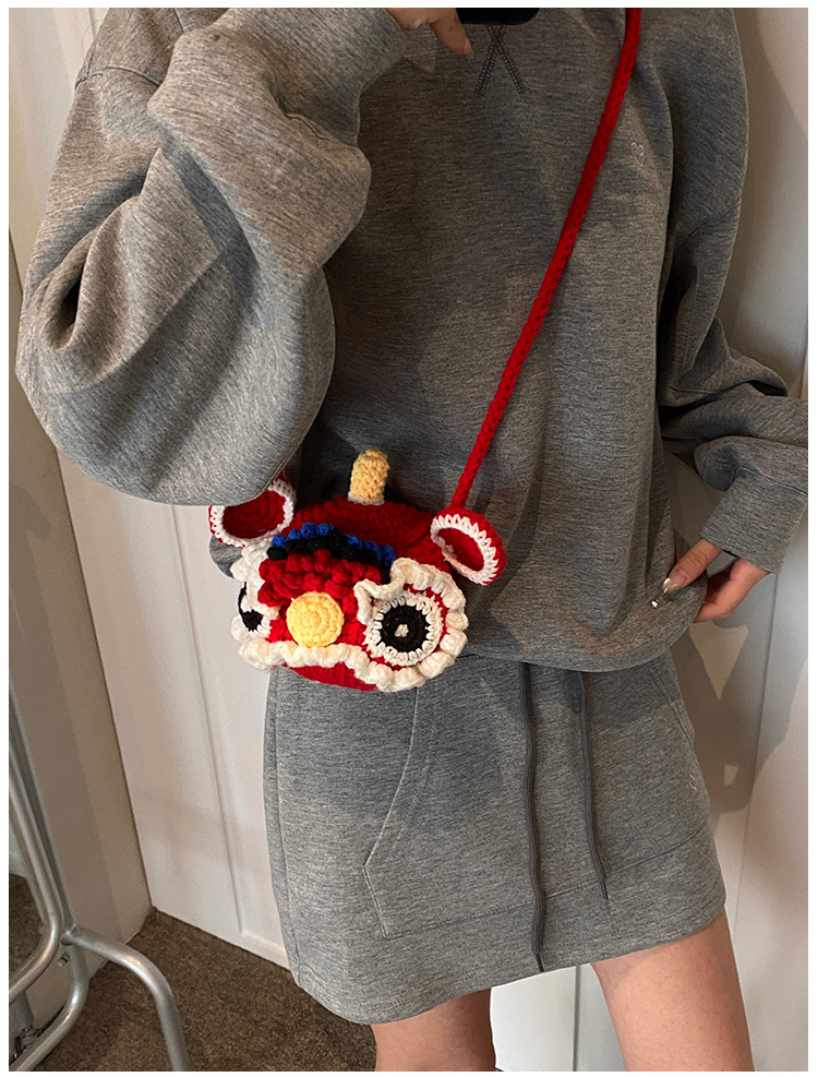 Red Crossbody Bag for Kids, Cute Knitted Yarn Bag, Tiger Head Lion Dance Bag
