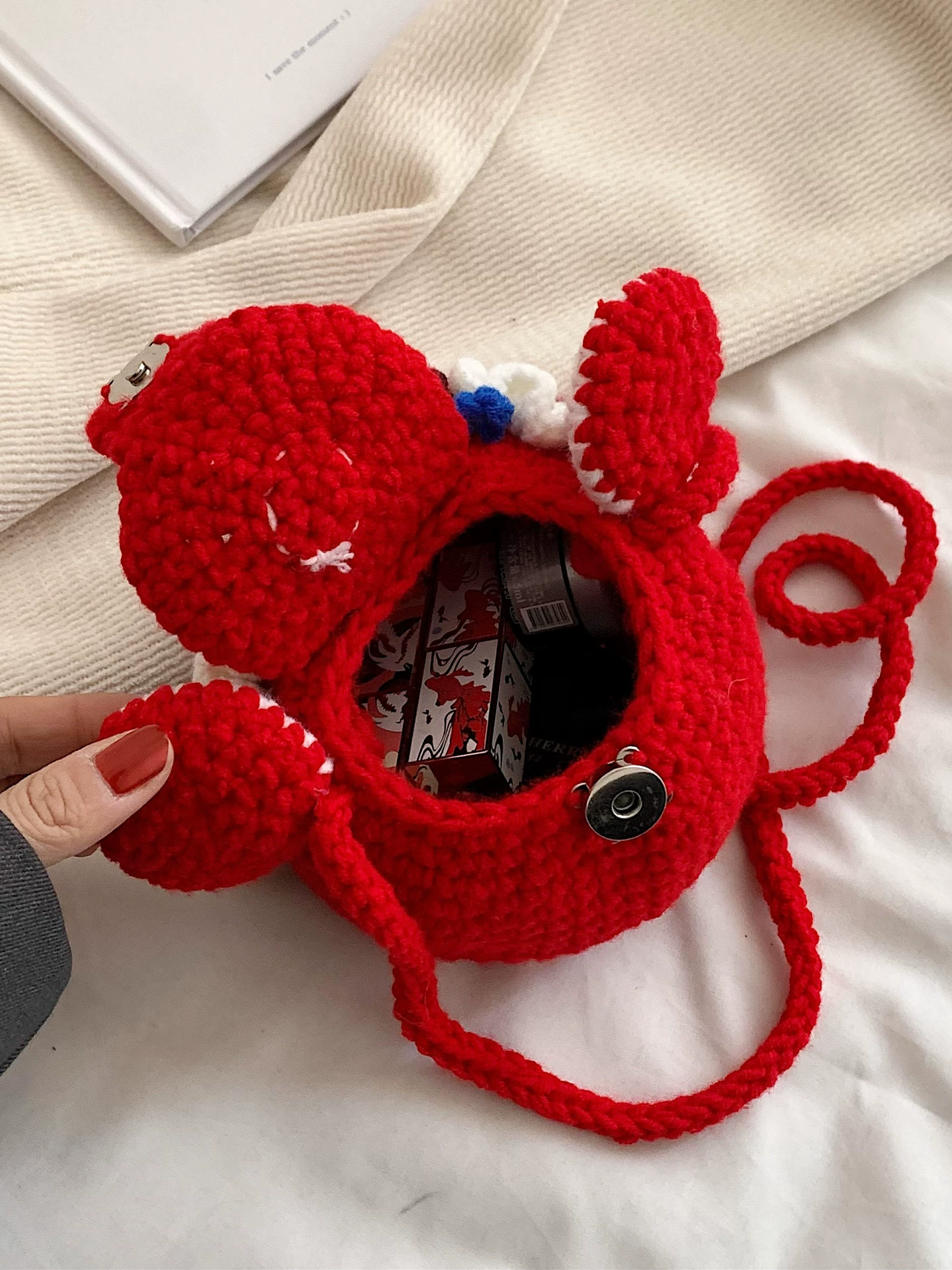 Red Crossbody Bag for Kids, Cute Knitted Yarn Bag, Tiger Head Lion Dance Bag