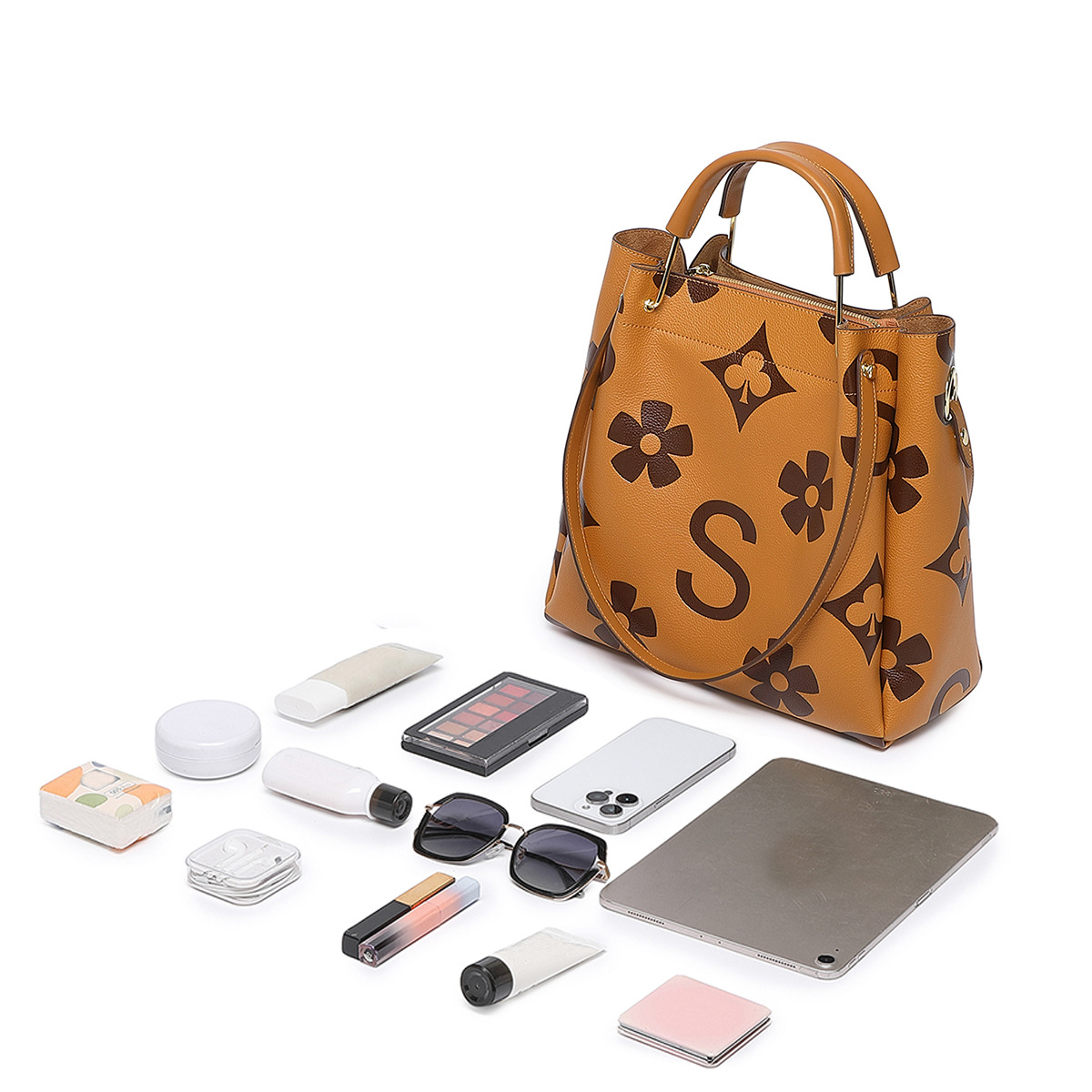 Genuine Leather Hand Tote Bag, Fashionable Textured Women's Bag, Embossed Shoulder Bag, Large Capacity Mother-Child Bucket Bag