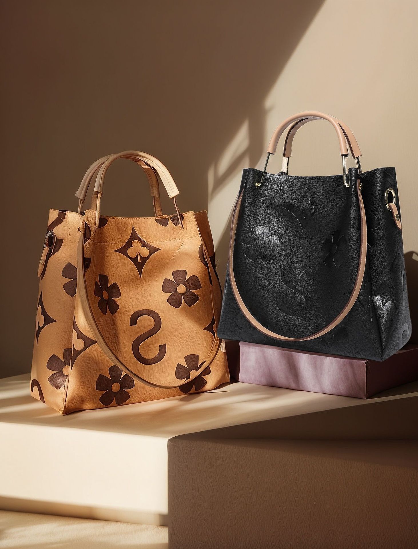 Genuine Leather Hand Tote Bag, Fashionable Textured Women's Bag, Embossed Shoulder Bag, Large Capacity Mother-Child Bucket Bag
