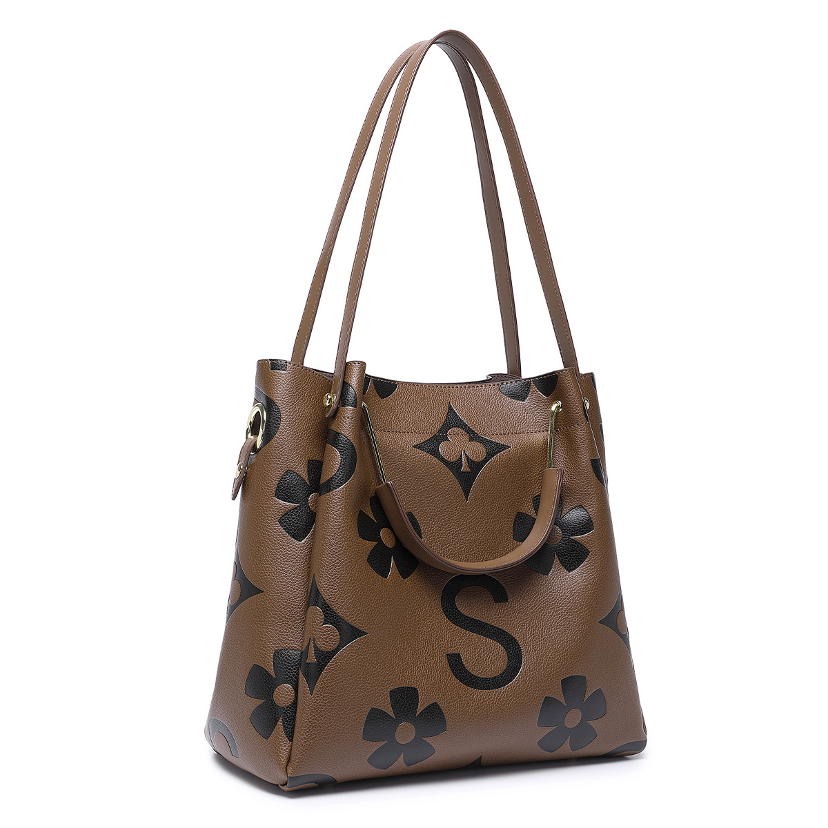 Genuine Leather Hand Tote Bag, Fashionable Textured Women's Bag, Embossed Shoulder Bag, Large Capacity Mother-Child Bucket Bag