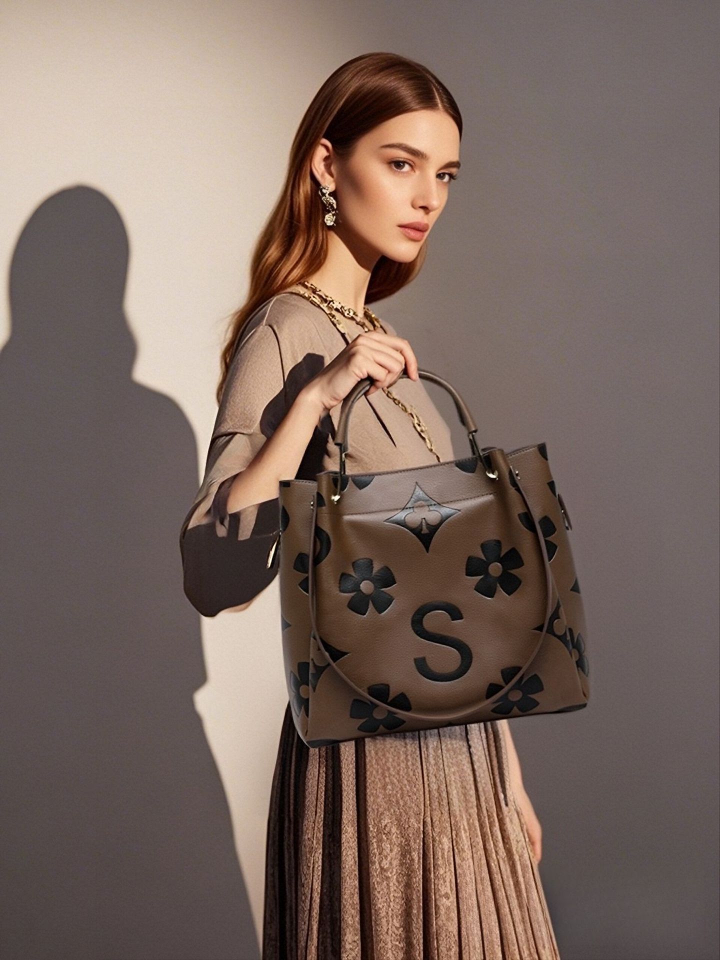 Genuine Leather Hand Tote Bag, Fashionable Textured Women's Bag, Embossed Shoulder Bag, Large Capacity Mother-Child Bucket Bag