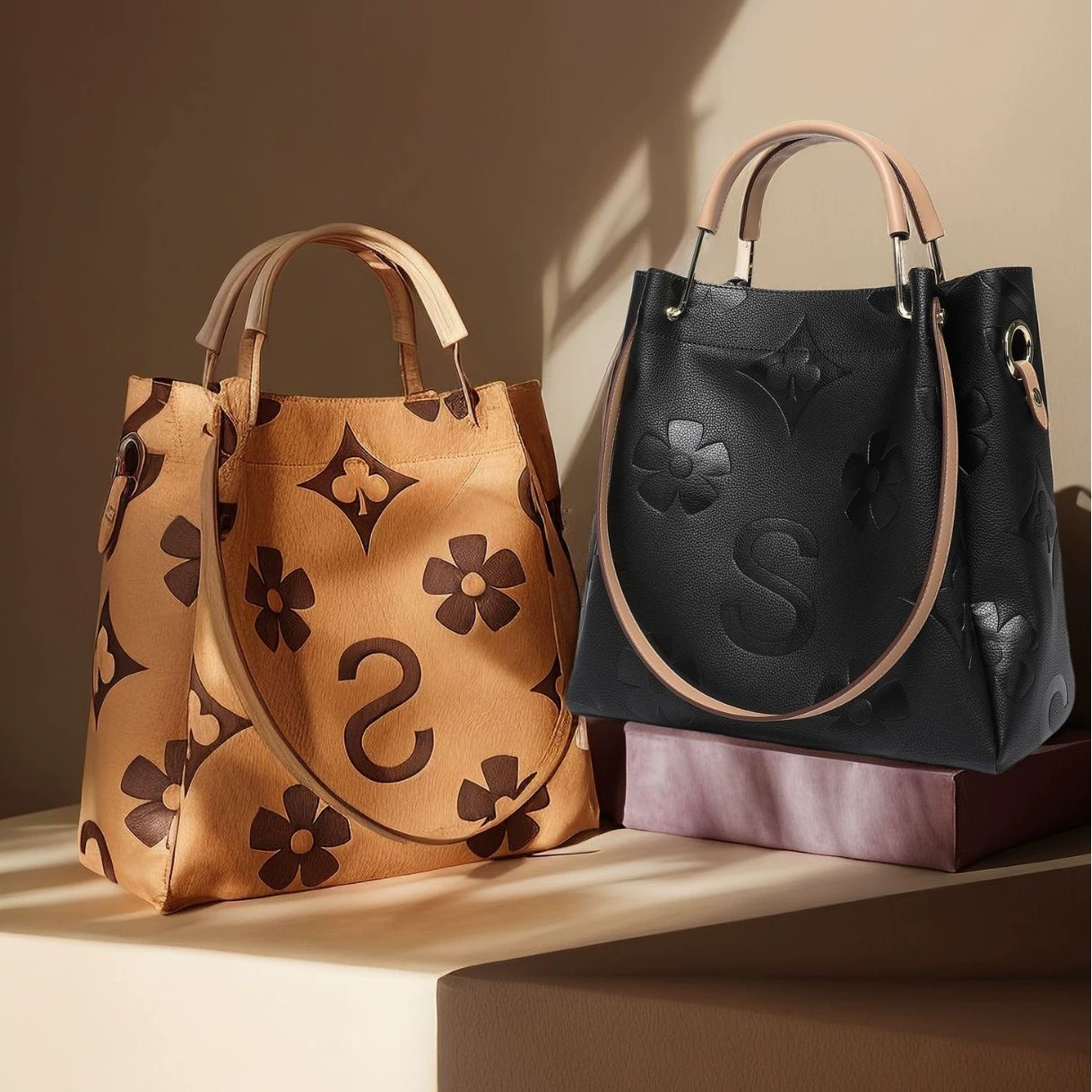Genuine Leather Hand Tote Bag, Fashionable Textured Women's Bag, Embossed Shoulder Bag, Large Capacity Mother-Child Bucket Bag